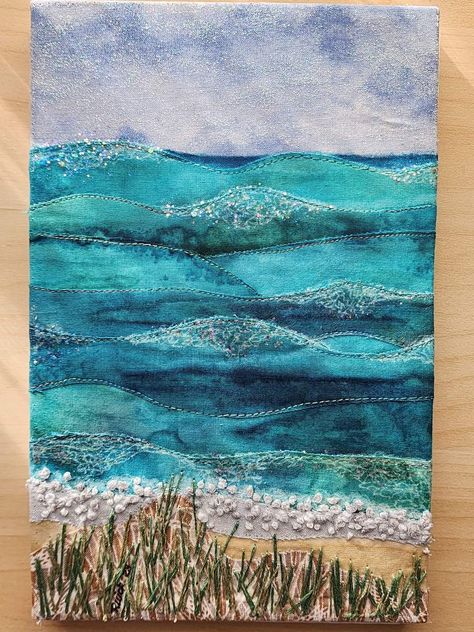 Seascape Embroidery, Seaside Quilt, Quilted Pictures, Ocean Landscape Quilts, Collage Landscapes, Fabric Landscape, Seascape Applique, Golf Quilt, Textile Landscapes