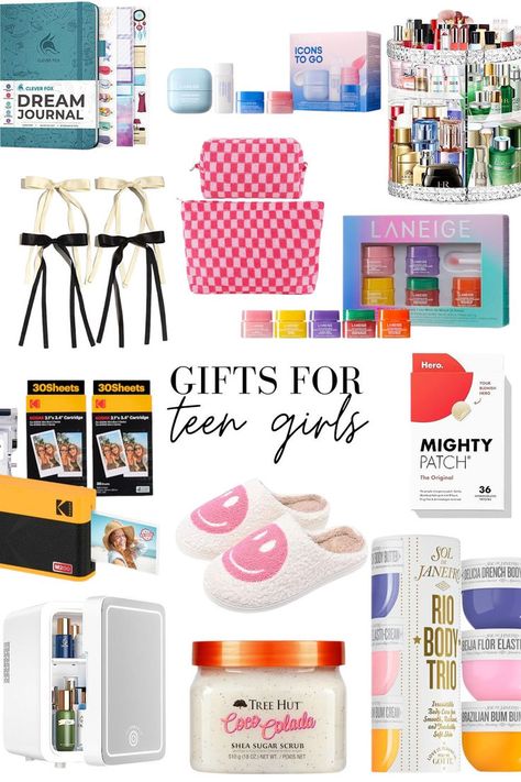 Collage of gifts for teen girls and tweens including: Tree Hut, slippers, sol de janeiro, Laneige, cosmetic organizers, a Kodak mini printer and more Teen Birthday Basket Ideas, Presents For Teenage Girls Gift Ideas, Stocking Stuffers For Teenage Girl, Teen Gift Basket Ideas, Christmas Gifts For Teenage Girls Ideas, Christmas Ideas For Teenage Girl, Gifts For Teenagers Girls Ideas, Stocking Stuffers For Teenage Girls, Scotty Pippen