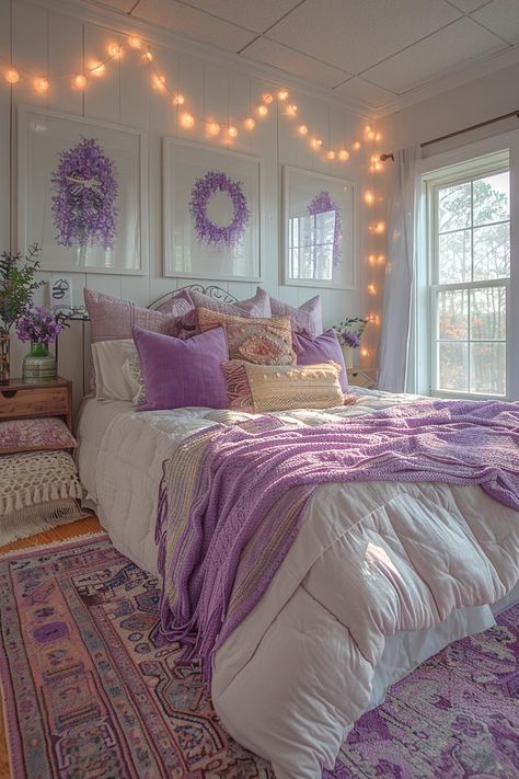 Trendy Dorm Room Ideas, Purple Dorm Rooms, Trendy Dorm Room, College Dorm Room Ideas, Cozy Dorm Room, Dream Bedroom Inspiration, College Room Decor, Purple Bedrooms, Kitchen Table Wood