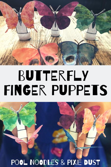 Butterfly Finger Puppets - Pool Noodles & Pixie Dust Butterfly Paper Bag Puppet, Butterfly Finger Puppet, Construction Paper Flowers, Types Of Puppets, Spring Arts And Crafts, Easy Backdrops, Pool Noodles, Paper Butterfly, Homeschool Printables