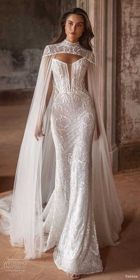 Yedyna 2024 Wedding Dresses — “Divine Allurement” Bridal Collection | Wedding Inspirasi -  #Allurement #Bridal #Collection #Divine #Dresses #Inspirasi #Wedding #Yedyna Wedding Dress Cold Weather, Wedding After Party Dress Long, Royal Wedding Dress Royalty, Woman In Wedding Dress, Wedding Dresses Elegant Classy, Wedding Ceremony Dress, Wedding Dress Cape, Ethereal Bride, Sacred Union