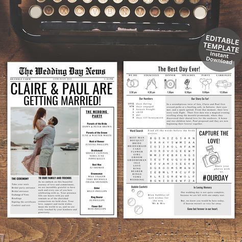 Celebrate your special day with a touch of vintage charm and elegance using our newspaper wedding program template! This editable and printable infographic-style program will add a unique and personalised touch to your wedding day, guiding your guests through each memorable moment. With its timeless newspaper design, this programme captures the essence of your love story, combining tradition with a modern twist. The captivating layout beautifully displays your wedding day order of service, ensur Wedding Program Newspaper, Wedding Day Newspaper, Newspaper Program Wedding, Wedding Newspaper Ideas, Wedding Program Examples, Wedding Personal Touches, Wedding Newspaper Program, Order Of Service Wedding, Wedding Programme