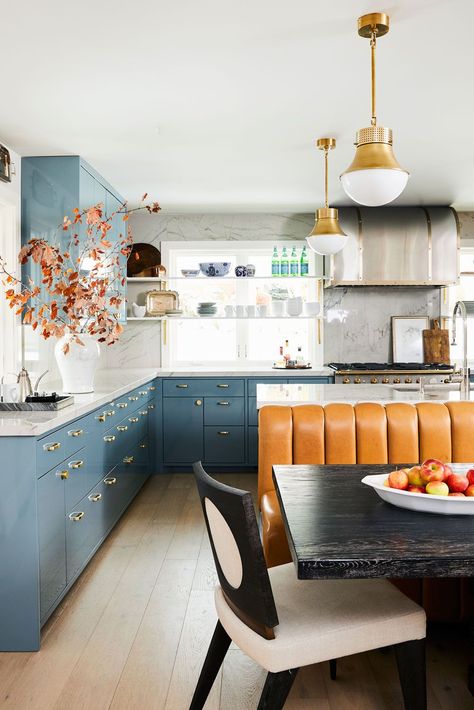 Dear Alice, Eclectic Kitchen Decor, Alice Lane, Colorful Apartment, Eclectic Kitchen, Modern Kitchen Island, London Flat, Blue Cabinets, White Marble Countertops