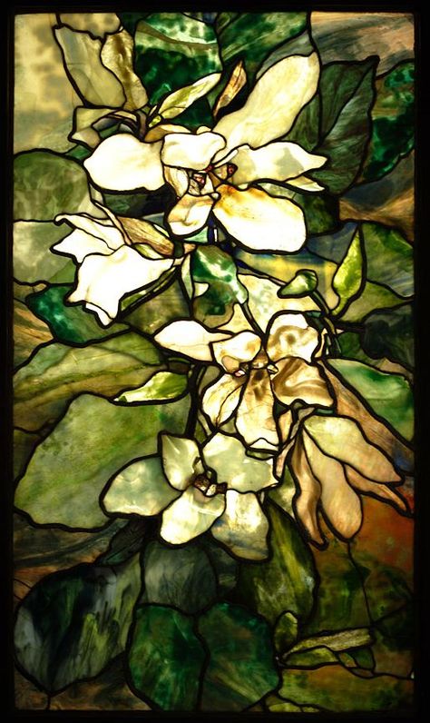 This “Magnolia” window was designed by Agnes Northrop in 1900 for the World Fair in Paris. It is now in the State Hermitage Museum in St. Petersburg, Russia. L'art Du Vitrail, زجاج ملون, Mosaic Stained, Tiffany Stained Glass, Louis Comfort Tiffany, Tiffany Glass, Stained Glass Flowers, Art Stained, Stained Glass Designs