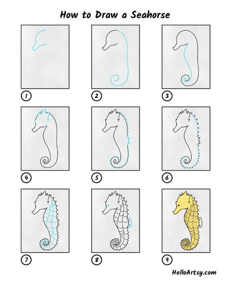 How to Draw a Seahorse - HelloArtsy Under The Sea Role Play, Draw A Seahorse, Fibonacci Art, Colorful Activities, Sea Core, Seahorse Drawing, Drawing Steps, Journaling Planner, Drawing Lesson