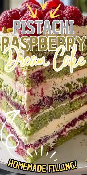 Pistachio Raspberry Dream Cake Pistachio Blackberry Cake, Spring Flavored Cakes, Pistachio And Raspberry Cake, Pistachio Dessert Cake, Pistachio Cake Filling, Moist Pistachio Cake, Pistachio Raspberry Cake, Pistachio And Raspberry, Raspberry Cake Filling