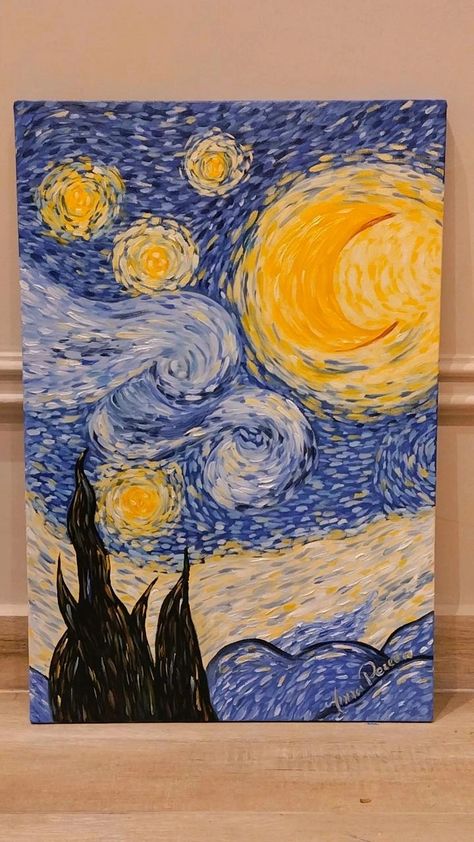 Essa pintura é uma releitura do quadro noite estrelada do Van Gogh. Insta: annaclara.po Arte Van Gogh, Small Canvas Paintings, Small Canvas Art, Art Simple, Small Canvas, Painting Art Projects, Western Art, Art Classes, Van Gogh