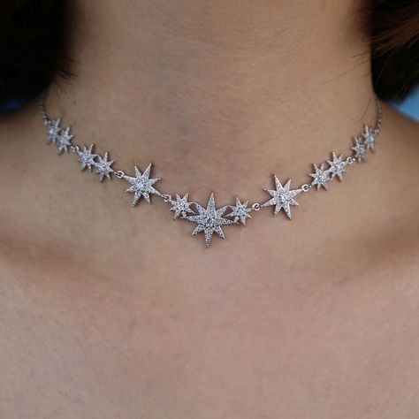 Rocking the drip, one diamond at a time. 💎 https://eseresjewelry.com/shop/micro-paved-zircon-eight-pointed-star-choker-necklace/ #eseresjewelry#hiphopjewelry#icedout#icedoutjewelry#cubanlink#icedoutchain#bustdown#diamondwatch#icedoutwatch#hiphop#blingbling Star Choker, Fashion Star, Star Jewelry, Jewelry Silver, Micro Pave, Silver Stars, Ladies Party, Star Fashion, Handmade Natural