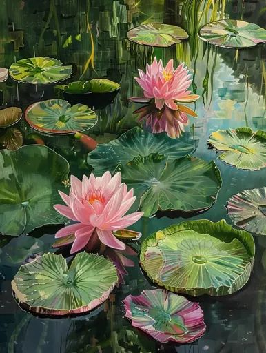 ↑↑↑ Larger size on website 🔸 A painting depicting a serene pond scene. Lush green lily pads float on the water's surface, adorned 🔸 From Midjourney AI Image Pond With Lily Pads Drawing, Lily Pads Art, Water Lily Garden, Frog Pond Painting, Lily Pads Illustration, Lily Pad Decor, Lilly Pads Painting, Lilypads Art, Lily Pads Painting