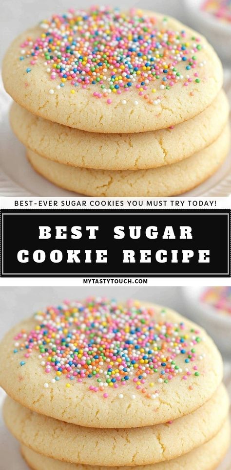 I can't get enough of these delightful sugar cookies! Soft, chewy, and topped with colorful sprinkles, they are the perfect treat for any occasion. Whether you’re hosting a party or just craving something sweet, this best-ever sugar cookie recipe is a must-try. Let's bake up some happiness! Sugar Cookie Recipes For Decorating, Natashas Kitchen Sugar Cookies, Design Eat Repeat Sugar Cookies, Sugar Spun Run Sugar Cookies, Best Selling Cookies Bake Sale, Soft Top Cookies, Easy Surger Cookie Recipes, Sweet Sugar Cookie Recipe, Best Drop Sugar Cookie Recipe