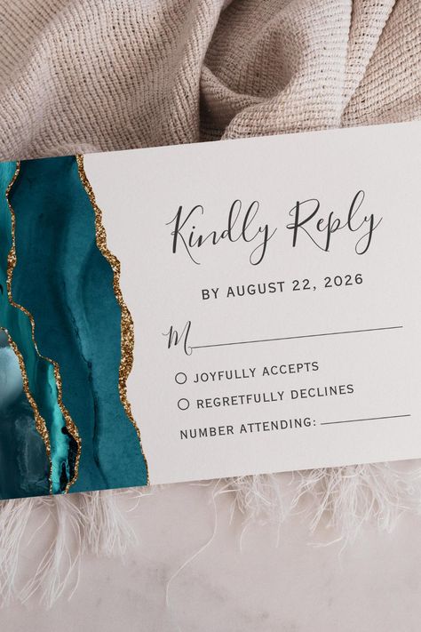 Modern Teal Gold Agate Wedding RSVP Card Agate Wedding, Rsvp Wedding Cards, Teal And Gold, Wedding Rsvp, Wedding Paper, Rsvp Card, Agate, Gold