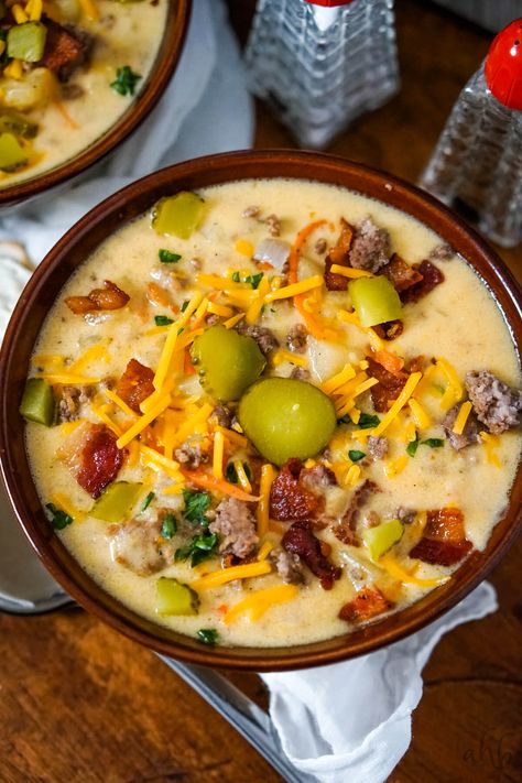 12 Tomatoes Extra Creamy Slow Cooker Cheeseburger Soup, Extra Creamy Slow Cooker Cheeseburger Soup, Low Carb Bacon Cheeseburger Soup, Slow Cooker Cheesy Burger Flavored Soup, Bacon Cheese Burger Soup, Cheese Burger Soup Crockpot, Bacon Mushroom Swiss Cheeseburger Soup, Spicy Cheeseburger Soup, Cheese Burger Soup