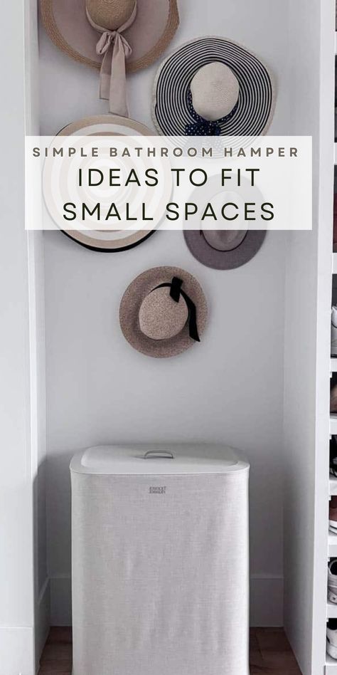 Small laundry room basket ideas for your space. Head over to my blog for more info! Bathroom With Laundry Basket, Laundry Basket For Bathroom, Laundry Basket Small Bathroom, Small Bathroom Laundry Basket, Ideas For Laundry Baskets, Laundry Basket Ideas For Bathroom, Hallway Hamper Ideas, Where To Put Laundry Basket In Bedroom, Small Space Hamper Ideas