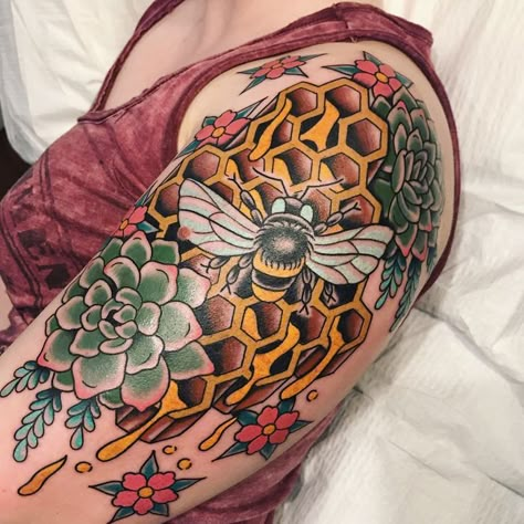 Tattoo Bees, Tattoo Succulent, Honeycomb Tattoos, Succulent Tattoos, Cherry Bomb Tattoo, Bee And Flower Tattoo, Bomb Tattoo, Insect Tattoos, Plant Sleeve