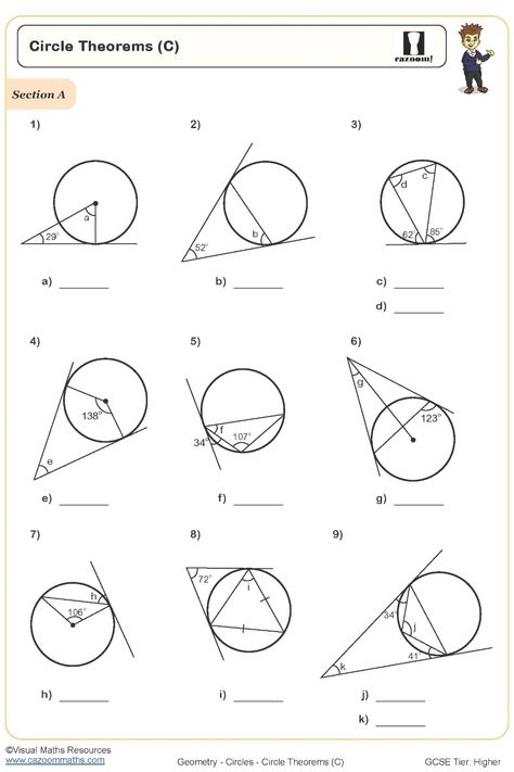 Enhance your students' understanding of circle theorems with this comprehensive Circle Theorems Worksheet. This educational resource focuses on the theorems derived from tangents intersecting circles, offering a valuable learning experience for students. Ideal for math teachers looking to reinforce geometric concepts in an engaging way, this worksheet is designed to support student mastery of circle theorems and enhance problem-solving skills. Empower your classroom with targeted practice that p Year 9 Maths Worksheets, Ks3 Maths Worksheets, Year 8 Maths Worksheets, Ks1 Maths Worksheets, Year 5 Maths Worksheets, Year 7 Maths Worksheets, Circle Theorems, Geometry High School, Maths Worksheets