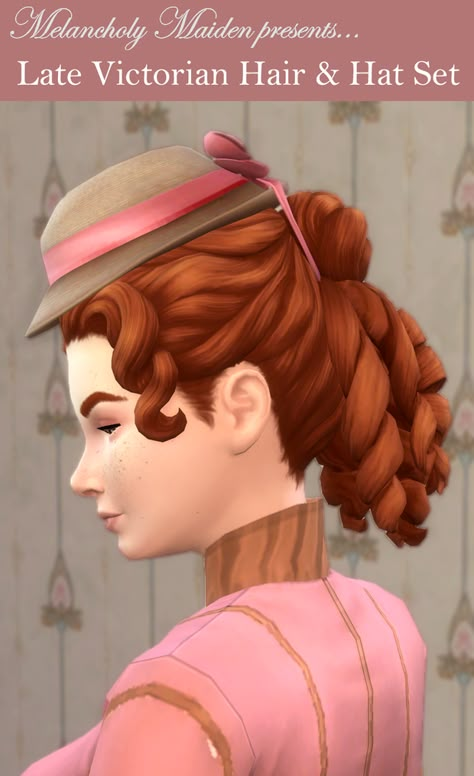 Melancholy Maiden is creating Historical Sims 4 CC | Patreon 1890s Hair, 1800s Hair, Sims 4 Decades Challenge, Edwardian Hairstyles, Cc Hats, Victorian Hair, Hair Hat, Pelo Sims, Victorian Hairstyles