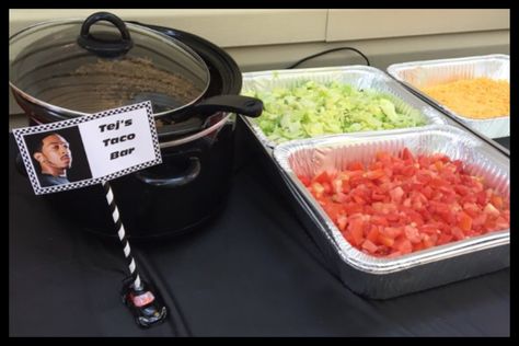 "Tej's" Taco Bar for my son's Fast & Furious themed 13th birthday party! Fast N Furious Party, Fast N Furious Birthday Party Ideas, 2 Fast 2 Furious Birthday Party Food, Fast And Furious Party Ideas, Fast And The Furious Birthday Party, Two Fast Two Furious Birthday Food, Fast And Furious Birthday Theme, Fast And Furious Decorations, Fast And Furious Birthday Party