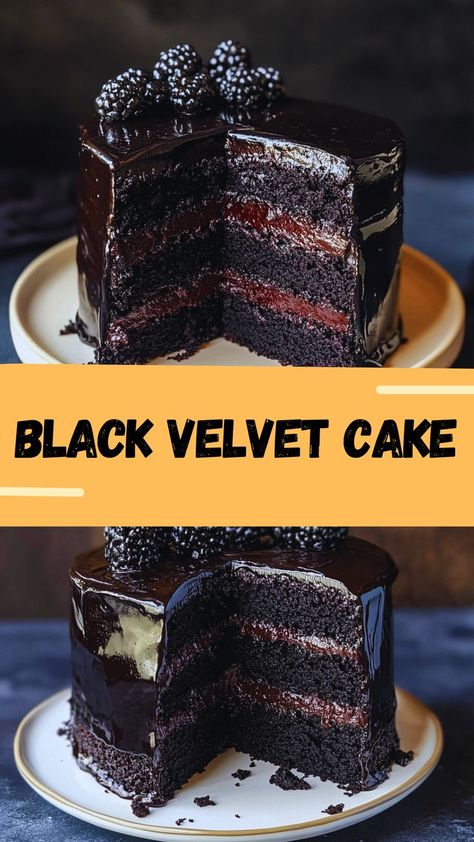 Black Velvet Cake Recipe, Fancy Cake Pops, Chocolate Velvet Cake, Black Cake Recipe, Black Velvet Cake, Purple Velvet Cakes, Black Velvet Cakes, Showstopper Dessert, Black Cocoa