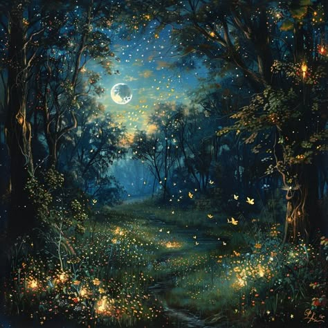 "Enchanted evenings whisper secrets through the trees, as fireflies dance to the moon's lullaby. 🌕✨🌿 #enchantedforest #moonlitnight #fireflies #whimsicalwoods #magicalmoments #naturelover #fairytalewoods #mysticmoon #forestphotography #naturesbeauty #nightscenery #enchantedevening #moonandstars #glowingforest #sereneviews #woodlandwonders #midsummernights #dreamylandscape #forestfairies #peacefulplace #moonglow #forestmagic #nighttimeadventures #starryforest #tranquilscenes #fantasyforest #mo... Lullabies Aesthetic, Night Fairy Aesthetic, Moon Fairy Aesthetic, Fairy Forest Aesthetic, Night Time Forest, Fireflies Painting, Enchanted Forest Aesthetic, Magic Scenery, Enchanted Forest Painting