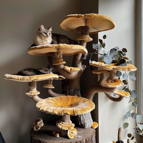 Moss Cat Tree, Book Shelf Cat Tower, Cat Tree Tree, Diy Mushroom Cat Tree, Witchy Cat Tree, Window Cat Tree, Mushroom Cat Tower, Mushroom Home Aesthetic, Diy Mushroom Cat Scratcher