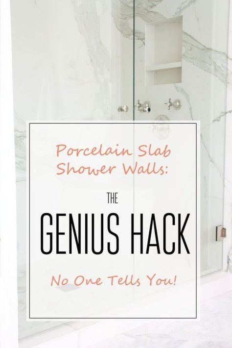 Our porcelain slab shower walls are the stars of our bathroom remodel! See our story plus the benefits of having porcelain slab shower walls! Slab Shower Walls, Large Tile Bathroom, Large Shower Tile, Paint Tiles, White Marble Shower, Marble Shower Walls, Marble Shower Tile, Master Bath Tile, White Tile Shower