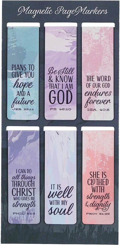 Keep your place secure with these magnetic bookmarks designed to fold over the page of your Bible, Bible Study book or favorite novel. These six bookmarks are sure to become your favorite way to keep your place. These little magnets are sturdy and will not fall off the page. Book Marks Design Ideas, Bible Accessories, Verse Bookmark, Bookmark Size, Christian Art Gifts, Bible Study Books, Bible Bookmark, Bible Doodling, Christian Book