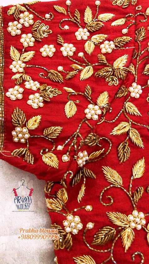 Pearls work Blouse / maggam work / Prabha blouses [Video] | Embroidery neck designs, Handwork embroidery design, Hand embroidery design patterns Red Blouse Design, Prabha Blouses, Blouse Maggam Work, Latest Bridal Blouse Designs, Kids Blouse Designs, Traditional Blouse Designs, Hand Beaded Embroidery, Cutwork Blouse Designs, Simple Embroidery Designs