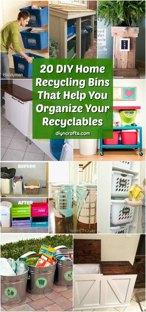 20 DIY Home Recycling Bins That Help You Organize Your Recyclables via @vanessacrafting Recycle Bin Storage, Organizing Recycling Ideas, Recycling Ideas For Home, Kitchen Recycling, Recycling Storage Ideas Kitchen, Recycling Bin Ideas Small Spaces, Recycle Trash Can Ideas, Storage For Recycling, Recycle Bins Ideas