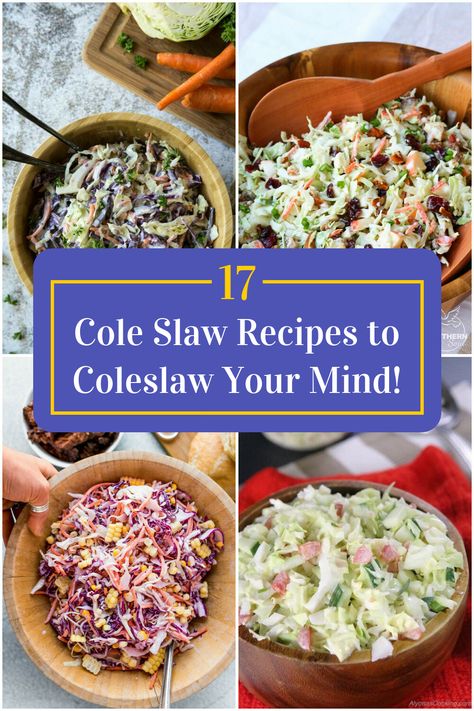 Collage of 4 cole slaw recipes. Different Slaw Recipes, Different Coleslaw Recipes, Slawsa Recipe, Gourmet Coleslaw Recipe, Top Of The River Coleslaw Recipe, Different Types Of Coleslaw, Chipotle Dressing Recipe, Coleslaw Variations, Cole Slaw With Celery Seed