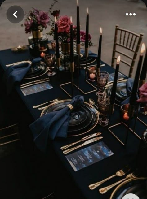 Goth Dinner Table, Black And Rust Wedding Centerpieces, Dark Table Scape, Goth Wedding Table Settings, Victorian Goth Wedding Decoration, Romantic Halloween Wedding, Dark Beach Wedding Theme, Autumn Wedding Floral Arrangements, Gothic Wedding Table Settings