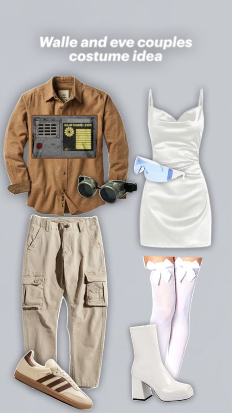 White dress or skirt, white stockings, white boots, white top, blue glasses, brown shirt with print out taped on solar charge, brown shoes, Wall E Costume, Wall E And Eve, Eve Costume, Couples Halloween Costume, Halloween Costume Idea, White Stockings, Blue Glasses, Couples Halloween, Boots White