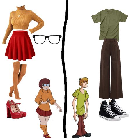 Halloween Costumes Women Family Friendly, Cartoon Characters Costumes Ideas Easy, Velma And Shaggy Costume Black Couple, Fred And Shaggy Costume, Shaggy And Velma Halloween Costumes, Costumes For People With Glasses, Vilma And Shaggy Costume, Easy Character Halloween Costumes, Shaggy Velma Costume