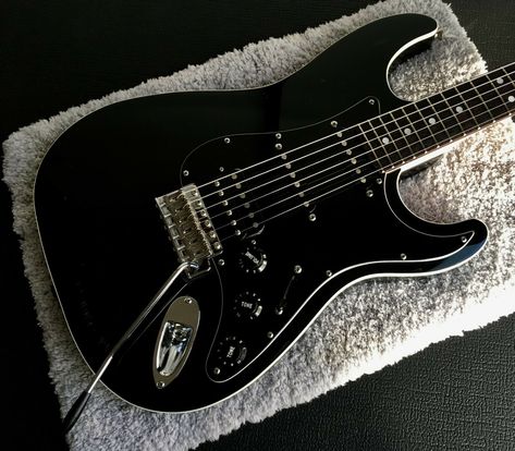 Fender Japan Aerodyne Stratocaster AST-M Black Medium Scale 24-3/4" MIJ · $699.98 Black Stratocaster, Fender Japan, Guitar Gear, Racing Stripes, Fender Stratocaster, Axes, Musical Instruments, All Black, Musical