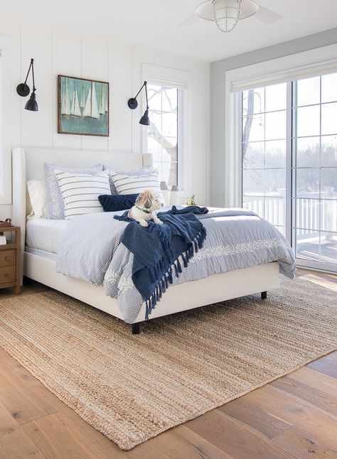 white upholstered bed lake house master bedroom blue and white #lakehouse #master bedroom Bedroom Blue And White, Lake House Master, White Upholstered Bed, Bedroom Blue, Shore House, Budget Bedroom, Coastal Bedrooms, Beach Bedroom, Coastal Bedroom