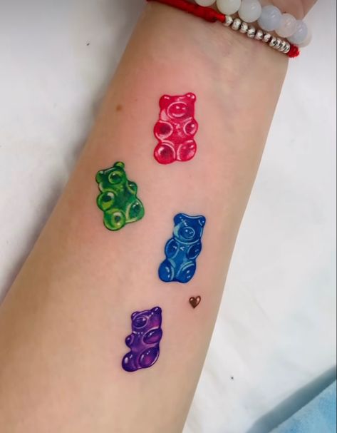 Carebear Centipede Tattoo, Gummy Bear Tattoo Ideas, Artist Tattoos For Women, Adventure Time Tattoo Sleeve, Haribo Tattoo, Black Light Tattoo Ideas, Sour Patch Kid Tattoo, 90s Nostalgia Tattoo, Lisa Frank Tattoo Ideas