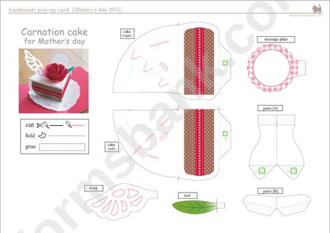 Carnation Cake For Mother'S Day Pop-Up Card Template printable pdf download Cake Pop Up Card Template, Pop Up Card Templates Free Printable, Pop Up Card Templates, Card Templates Printable, Card Templates Free, Pdf Templates, Pop Up Book, Templates Downloads, Templates Printable Free