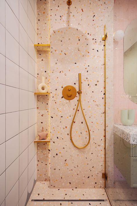 A Vibrant Kraków Apartment Filled With Playful, Pastel Hues Toilet Rooms, Unique Tile Patterns, Shower Ideas Bathroom, Pop Interior, Pastel Bathroom, Atelier Interior, Pink Terrazzo, Stairs Window, Interior Design Masters