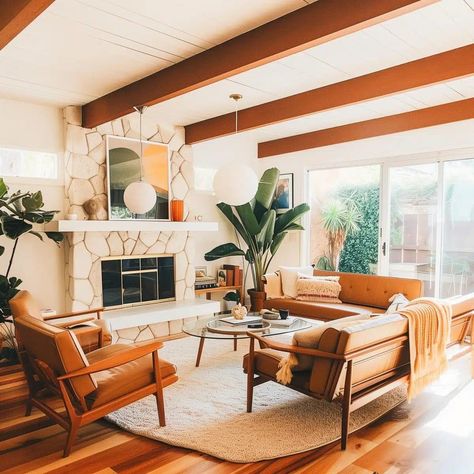 70s Inspired Living Room Modern, Midcentury Modern Living Room Decor, Mid Century Family Room, 30s House, Midcentury Modern Interior, Coastal Mid Century Modern, 1950s Living Room, Basement Lounge, Midcentury Modern Living Room