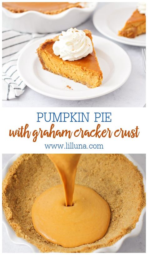 Pumpkin Pie with Graham Cracker Crust is a deliciously quick and easy twist on a classic. Everyone will want seconds! #pumpkinpie #grahamcrackercrust #pie #pumpkin #thanksgiving Pumpkin Pie Recipe Graham Cracker Crust, Pie With Graham Cracker Crust, Creamy Pumpkin Pie, Pumpkin Food, Graham Cracker Crust Pie, Mini Pumpkin Pies, Pie Pumpkin, Easy Pumpkin Pie, Pumpkin Pie Recipe