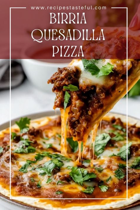 This Birria Quesadilla Pizza is a flavorful twist on a classic dish, combining tender, spiced beef with gooey cheese on a crispy crust. Perfect for pizza night with a Mexican flair, it's served with a rich birria consomé for dipping. Birria Pizza, Spiced Beef, Gooey Cheese, Beef Chuck, Pizza Bake, Pizza Night, Pizza Toppings, Classic Dishes, Pizza Crust