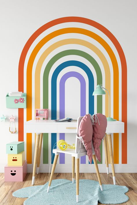 Retro Rainbow Bedroom, Wall Paint Rainbow, Rainbow Wall Painting Ideas, Boy Rainbow Room, Rainbow Wall Paint, Diy Rainbow Mural, Rainbow Room Aesthetic, Rainbow Accent Wall, Colourful Playroom