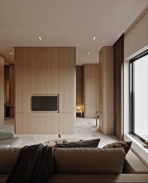 Minimal Homes, Muji Home, Wooden Living Room, Dream Hotels, Indoor Design, Curved Walls, Partition Design, Bed Wall, Shelf Design