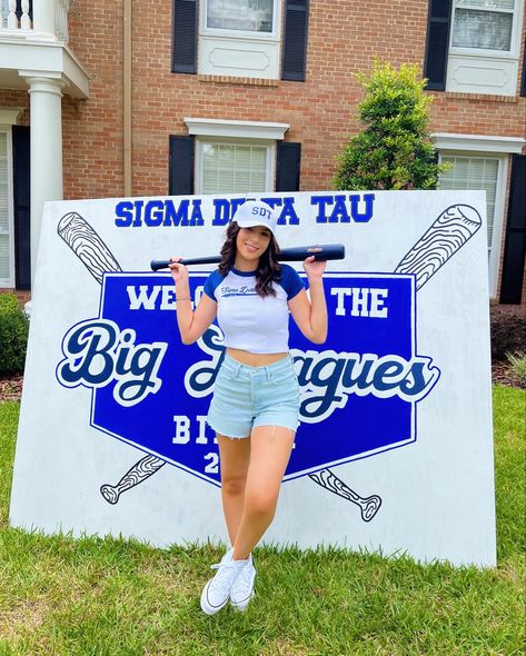 Welcome To The Big Leagues Bid Day, Baseball Bid Day Theme, Baseball Bid Day, Sorority Tshirt Designs, California University, Spring Recruitment, Recruitment Ideas, Night Mood, Preppy Party