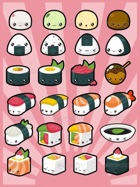 Cute kawaii sushi 💕 Sushi Drawing, Drawing Kawaii, Food Doodles, 귀여운 음식 그림, Kawaii Faces, Images Kawaii, Stickers Kawaii, Kawaii Illustration, Cute Food Drawings