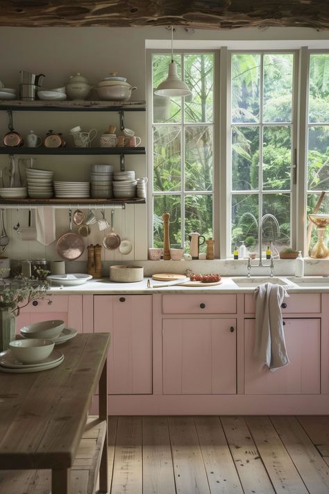 Pink Rustic Tiny Kitchen Inspiration Pink Farmhouse Kitchen, Pink Country Kitchen, Pink Tiny House, Cottage Interiors Kitchen, Tiny Kitchen Inspiration, Cozy Cottage Interiors, Fun Interior Design, Boho Kitchen Decor, Aesthetic Kitchen