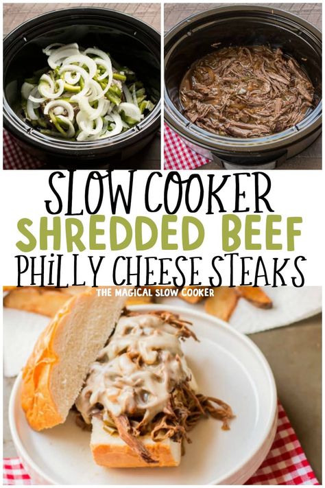 Slow Cooker Shredded Beef Philly Cheese Steak have tender beef, onion, and peppers. Pile on a bun and top with Swiss cheese. - The Magical Slow Cooker Philly Steak In Crockpot, Philly Cheese Steak Pot Roast, Beef Swiss Steak Recipes Crock Pot, Philly Cheese Steak Crock Pot Easy, Shredded Steak Crockpot, Philly Cheese Steak Roast Beef, Philly Cheese Steak With Roast Beef, Shaved Beef Steak Recipes Philly Cheese Crockpot, Shredded Beef Philly Cheesesteak