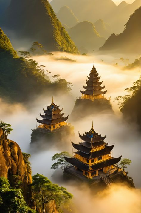 Find peace in Vietnam's mountain pagodas. This stunning image captures the beauty of traditional architecture, misty valleys, hot springs, and majestic spires. #Vietnam #Pagoda #Temple Pagoda Temple, Misty Mountain, Morning Mist, Golden Lights, Traditional Architecture, The Temple, Sacred Space, Ultra Hd, Spiritual Journey