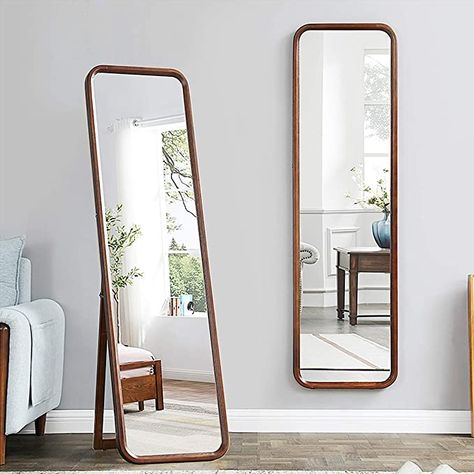 Floor Mirror Next To Dresser, Mahogany Full Length Mirror, Full Length Mirror With Wooden Frame, Mirror Wooden Frame Design, Wooden Floor Mirror, Freestanding Mirror Bedroom, Standing Mirror In Bedroom, Long Standing Mirror, Mirror With Plants