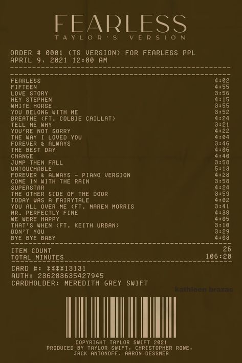 Taylor Swift Fearless Songs, Taylor Swift Album Receipt, Taylor Swift Fearless Album, Fearless Song, Album Receipt, Fearless Taylor Swift, Fearless Album, Colbie Caillat, Taylor Lyrics