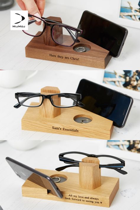 Solid oak storage caddie for glasses and phone stand with dish to place wedding ring at night. Engraved with a message of your choice front and back. Wooden Glasses Stand, Eyeglass Holder Stand, Eyewear Display, Wooden Glasses, Personalised Glasses, Laser Cut Wood Crafts, Crafts Gifts, Wooden Christmas Trees, Diy Wood Projects Furniture